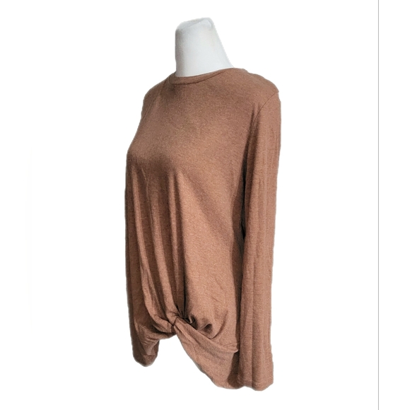 NWT knotted front, asymmetrical hem, long sleeve, soft stretch top, Sz Med brown - Picture 2 of 7